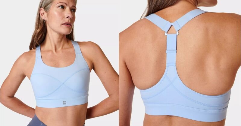 Sweaty Betty sports bra in light blue, with triangle adjustable strap shown on back